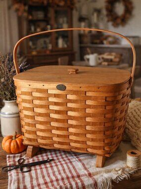 Vintage Peterboro Basket Co Footed Wood Basket w/ Lid Handle Handmade Ash Splint